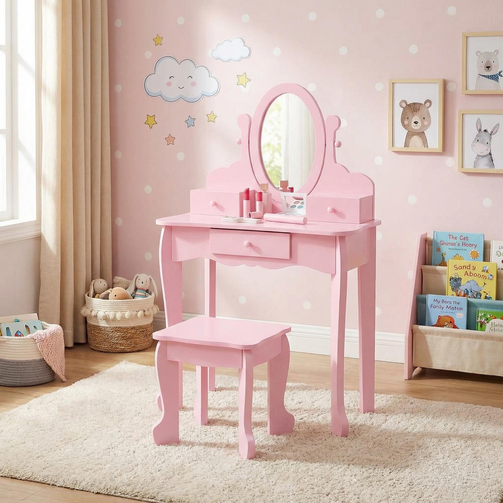 Garvee Girls Vanity Set Pink Mirror Drawer Makeup Table Stool Pretend Play Kids 3-10 Years