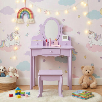 Garvee Kids Vanity Set with Adjustable Angle Mirror, Drawers and Stool Suitable for Age 3-10, Purple