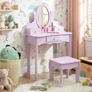 Garvee Kids Vanity Set with Adjustable Angle Mirror, Drawers and Stool Suitable for Age 3-10, Purple