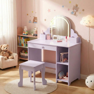 Garvee Kids Vanity with Lighted Mirror & Stool, 2 In 1 Little Girls Vanity and Wooden Makeup Playset with Adjustable LED Light, Storage Drawer & Shelves for Girls 3-9, Purple