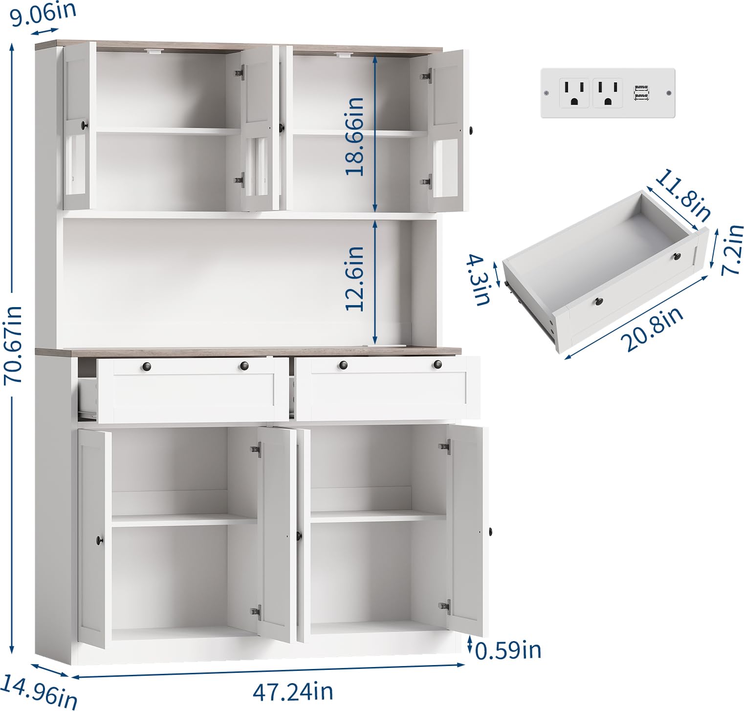 Garvee Modern 71" Tall Kitchen Pantry Cabinet with Glass Doors, Adjustable Shelves, Charging Station and Microwave Stand for Dining Room and Living Room, White
