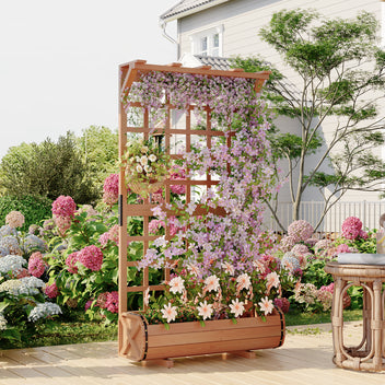 Garvee 67" Tall Wooden Raised Garden Bed with Trellis & Roof – Large Elevated Planter Box with Legs, Hooks & Drainage – Ideal for Outdoor Vegetables, Flowers, Climbing Plants – Sturdy Planter for Patio, Yard, Balcony – Brown