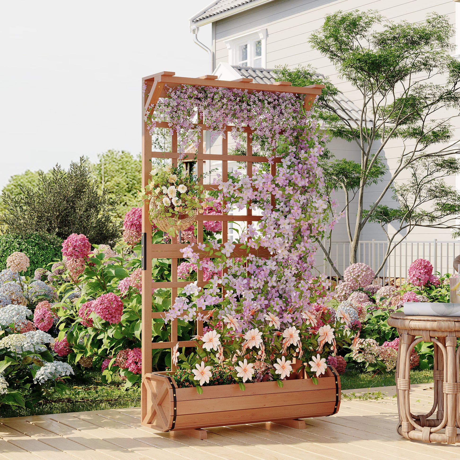 Garvee 67" Tall Wooden Raised Garden Bed with Trellis & Roof – Large Elevated Planter Box with Legs, Hooks & Drainage – Ideal for Outdoor Vegetables, Flowers, Climbing Plants – Sturdy Planter for Patio, Yard, Balcony – Brown