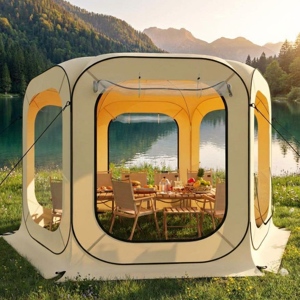 Garvee All-Weather Pop Up Clear Bubble Tent – 12x12 FT Transparent Outdoor Camping Shelter, Rainproof, Windproof, Coldproof, UV Protection, Easy Setup Family Screen House for 8-10 People, Patio, Backyard, Sports Events, Beige, Size: 12x12ft