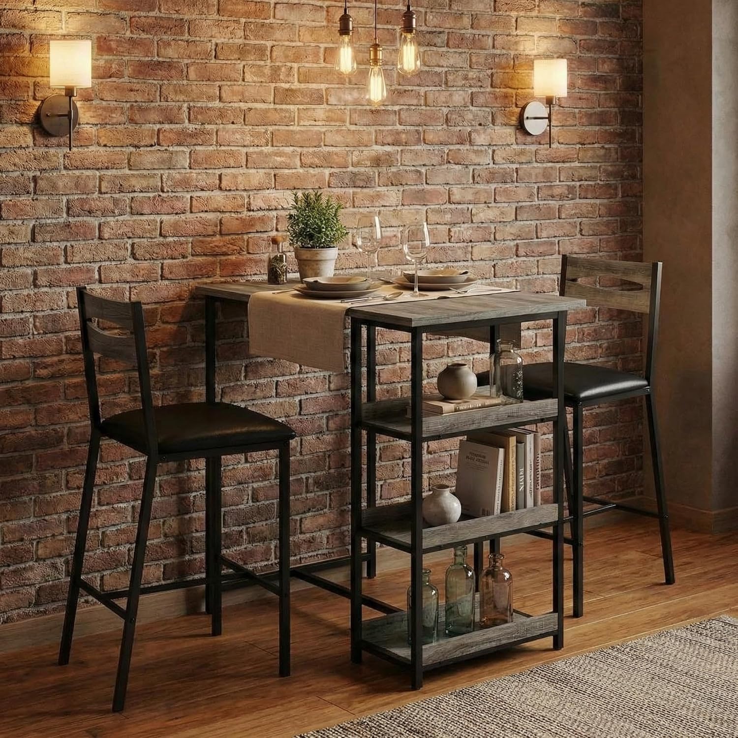 Garvee Modern Marble Finish Bar Table and Chairs Set with 2 PU Padded Stools, Flip Top Extension and Storage Shelves, for Small Kitchen and Apartment, Grey & Black