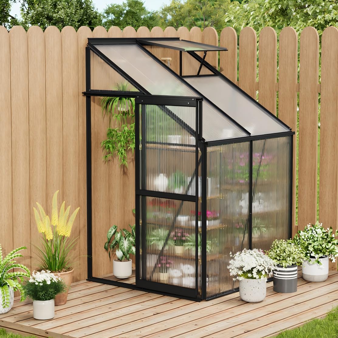 Garvee 4×4FT Lean-To Polycarbonate Greenhouse Kit, Heavy Duty Walk-In Plant Shelter with Sliding Door & Adjustable Roof Vent, Black