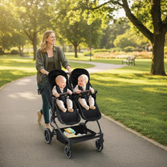 Garvee Foldable Double Baby Stroller with Adjustable Recline Canopy, Safety Harness and Parent Cup Holders for Newborns & Toddlers, Dark Grey - Dark Grey