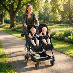 Garvee Foldable Double Baby Stroller with Adjustable Recline Canopy, Safety Harness and Parent Cup Holders for Newborns & Toddlers, Black - Black