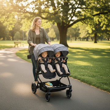 Garvee Foldable Double Baby Stroller with Adjustable Recline Canopy, Safety Harness and Parent Cup Holders for Newborns & Toddlers, Light Grey