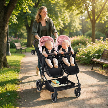 Garvee Foldable Double Baby Stroller with Adjustable Recline Canopy, Safety Harness and Parent Cup Holders for Newborns & Toddlers, Pink