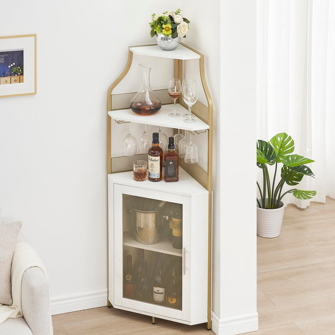 Garvee Corner Wine Bar Rack Cabinet with Detachable Wine Rack, Bar Cabinet with Glass Holder and Mesh Door, Liquor Coffe Bar Cabinet with Adjustable Shelves, ‎Gold