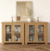 Garvee Buffet Cabinet with Storage, 59" Sideboard Credenza with Tempered Glass Doors, Natural Wood Buffet Table for Living Room Dining Room Kitchen, Natural Wood