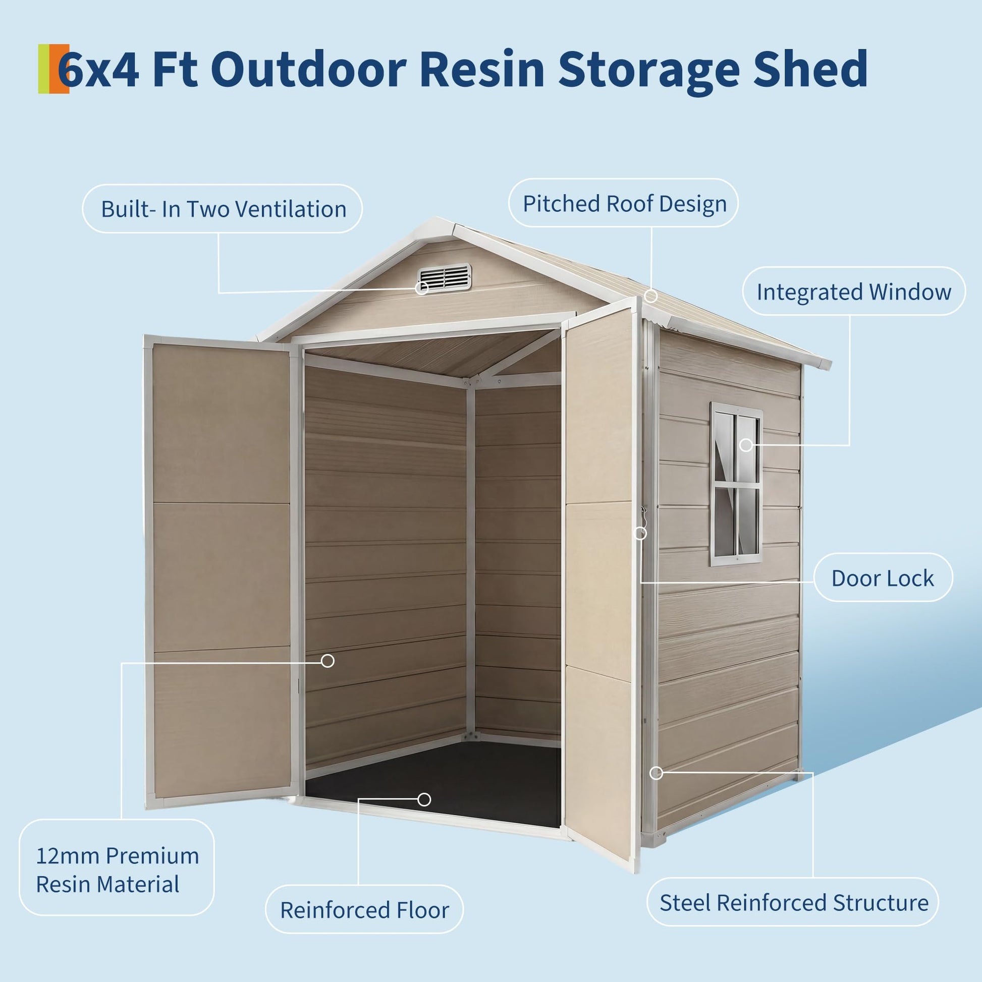 Garvee Heavy-Duty Resin Outdoor Storage Outdoor Storage 6x4 FT with Floor, Window, Lockable Double-Wall Door, Sloped Roof – Waterproof, Weather-Resistant – Garden Storage for Patio, Lawn Mower, Bikes, Tools – Light Brown