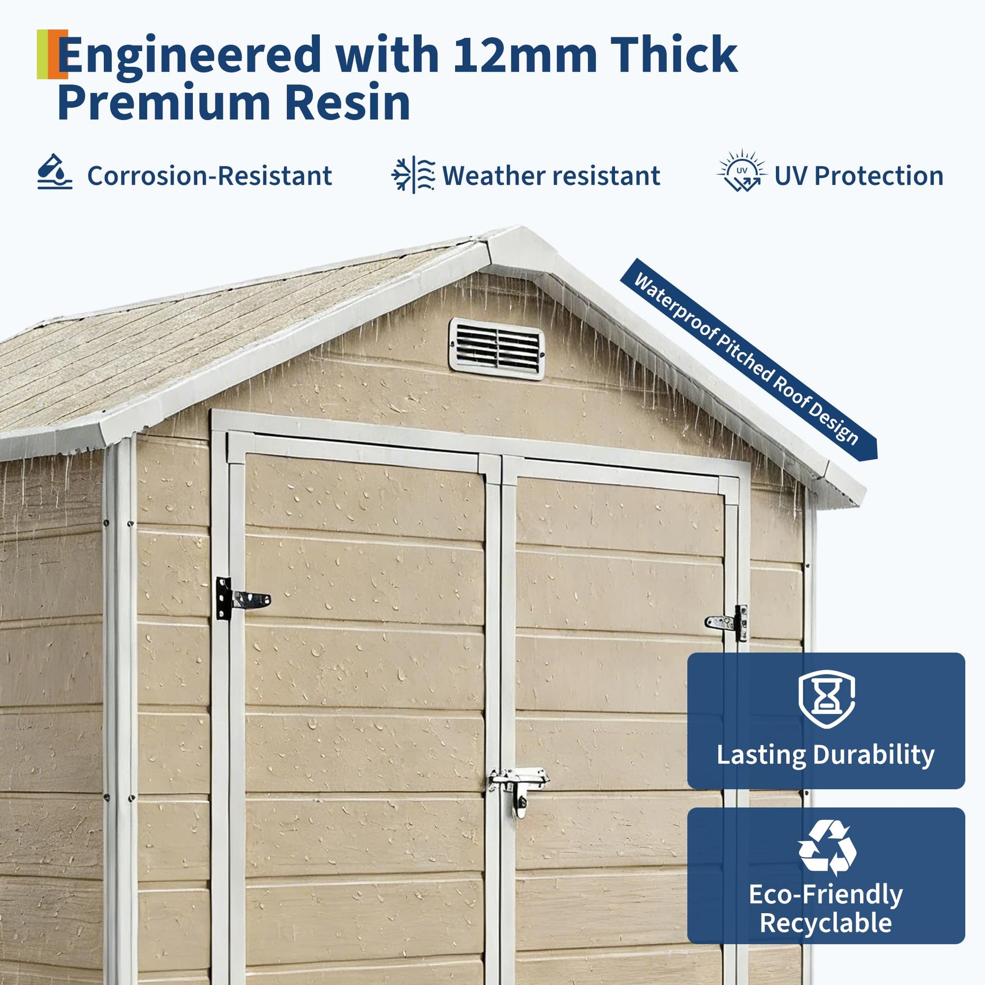 Garvee Heavy-Duty Resin Outdoor Storage Outdoor Storage 6x4 FT with Floor, Window, Lockable Double-Wall Door, Sloped Roof – Waterproof, Weather-Resistant – Garden Storage for Patio, Lawn Mower, Bikes, Tools – Light Brown