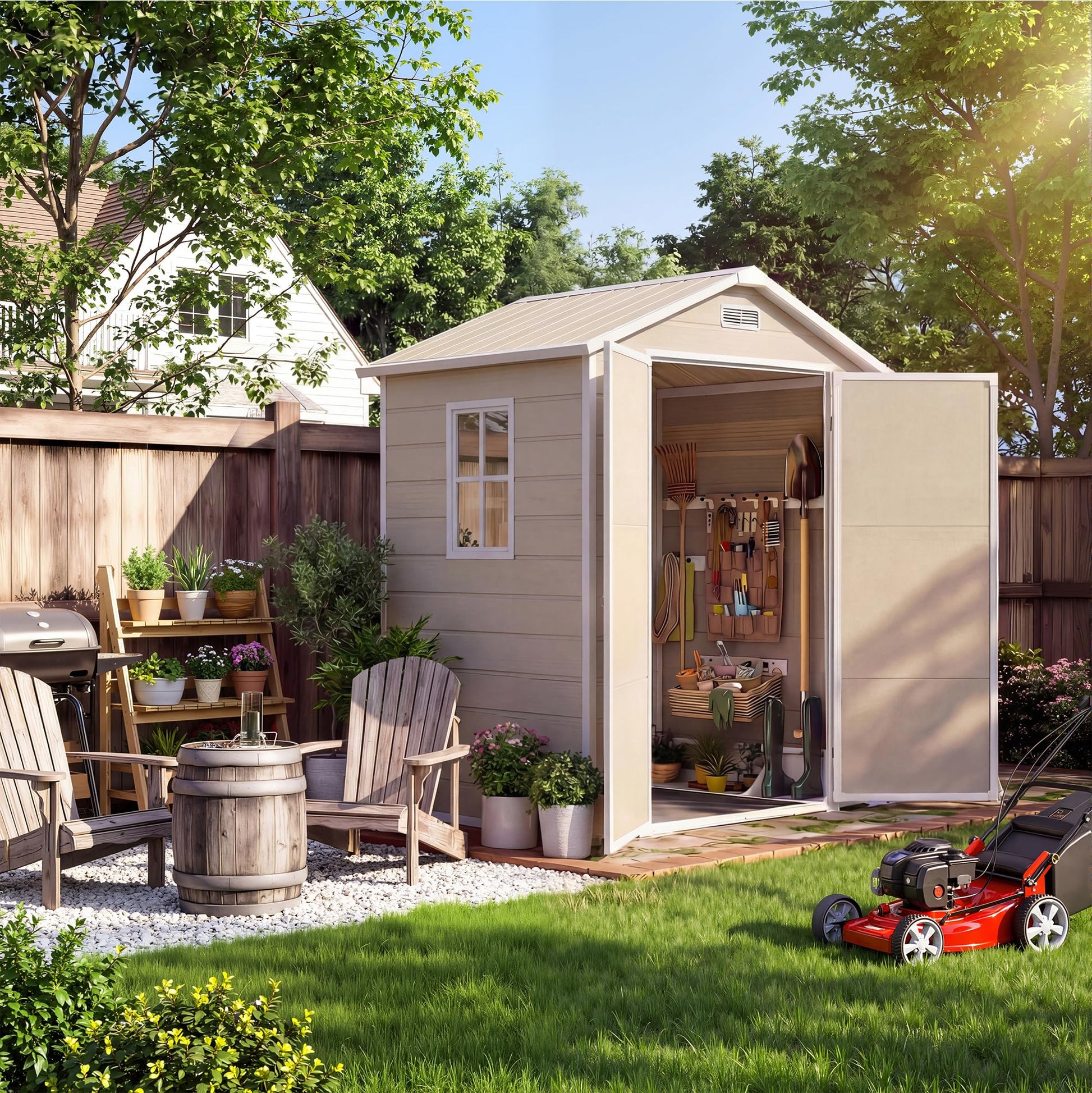 Garvee Heavy-Duty Resin Outdoor Storage Outdoor Storage 6x4 FT with Floor, Window, Lockable Double-Wall Door, Sloped Roof – Waterproof, Weather-Resistant – Garden Storage for Patio, Lawn Mower, Bikes, Tools – Light Brown