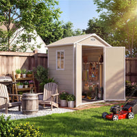 Garvee Heavy-Duty Resin Outdoor Storage Outdoor Storage 6x4 FT with Floor, Window, Lockable Double-Wall Door, Sloped Roof – Waterproof, Weather-Resistant – Garden Storage for Patio, Lawn Mower, Bikes, Tools – Light Brown