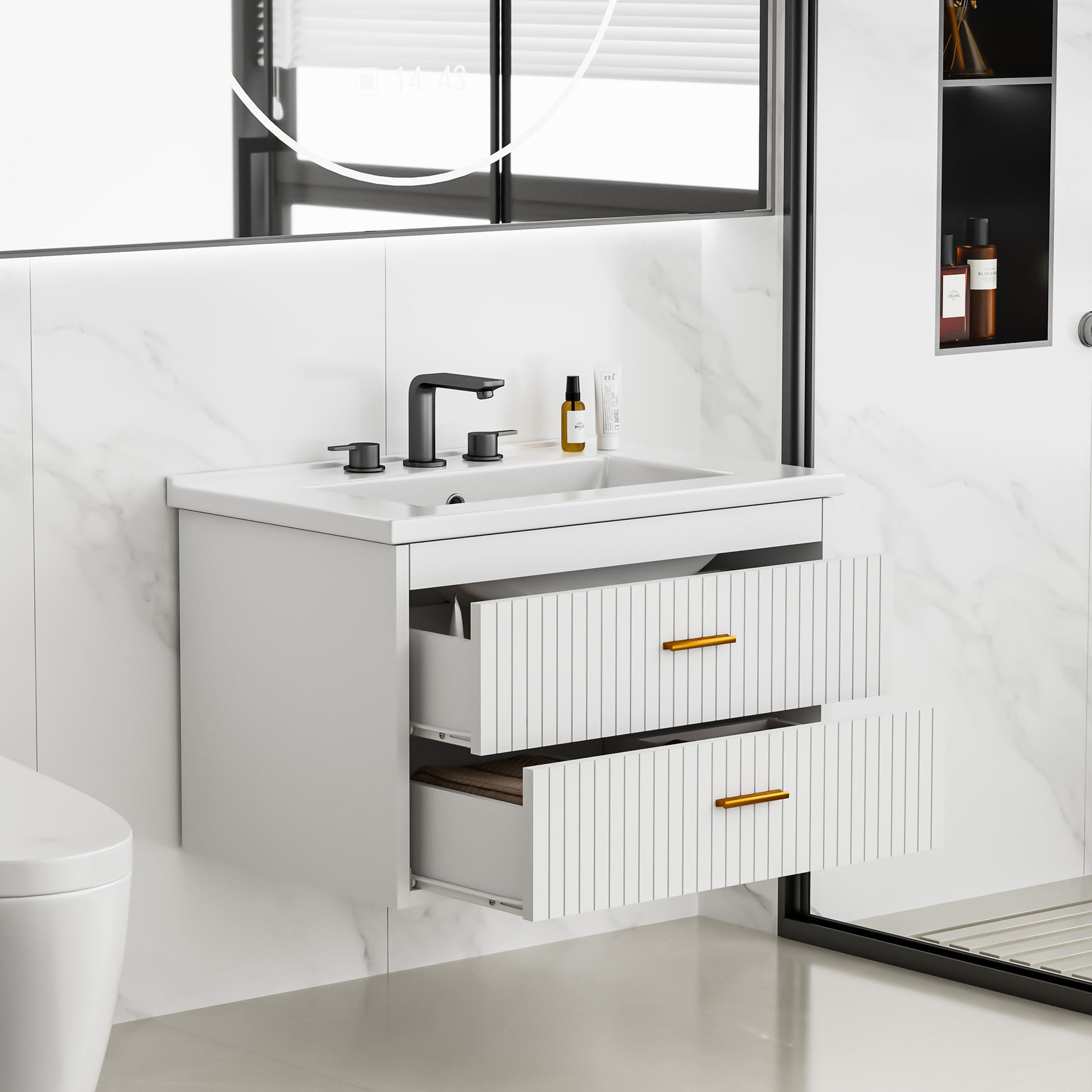 Garvee Modern 30" Wall-Mounted Floating Bathroom Vanity with Ceramic Sink and Soft-Close Drawers,  White