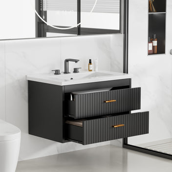 Garvee Modern 30" Wall-Mounted Floating Bathroom Vanity with Ceramic Sink and Soft-Close Drawers,  Black