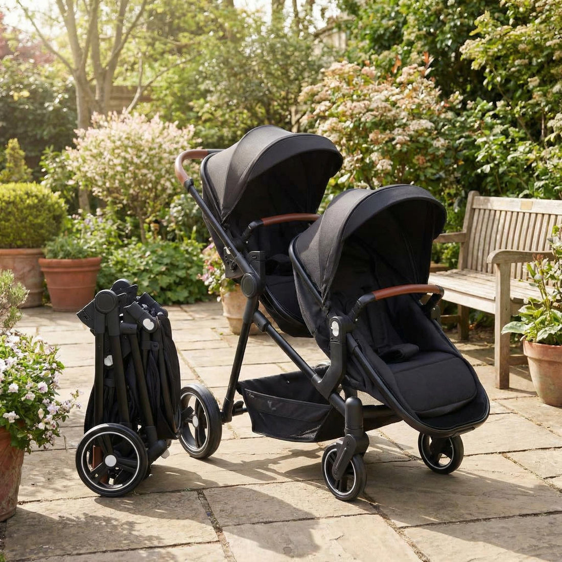 Garvee Foldable Double Baby Stroller in Multi-Position Reversible Design with Adjustable Backrest, Storage Basket and Canopy for Infant and Toddler, Black