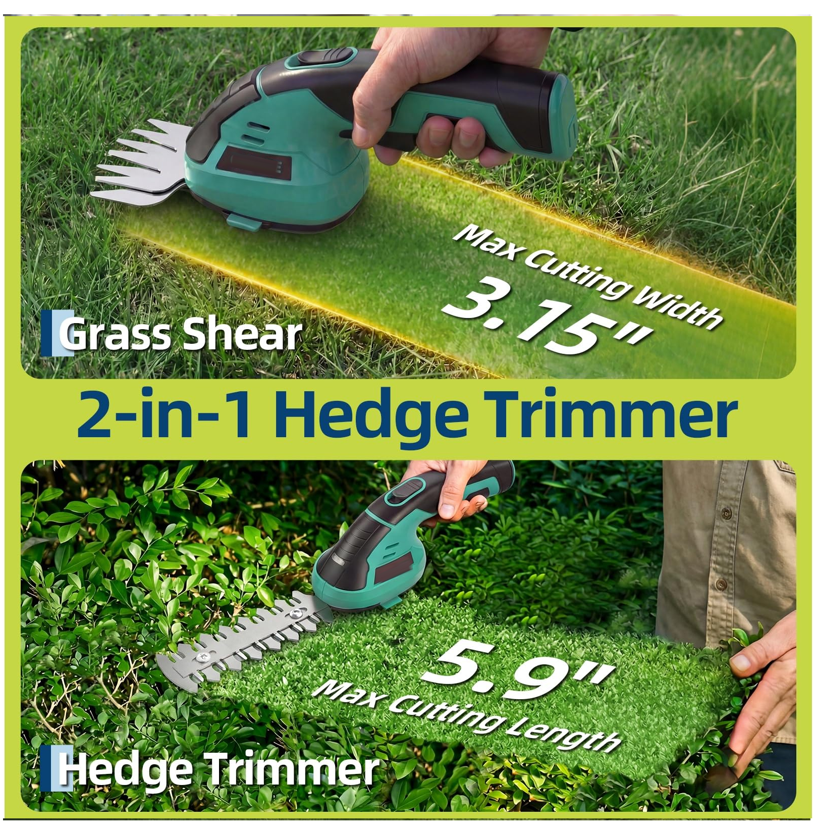 Garvee Cordless Grass Shear & Shrub Trimmer 7.2V, 2-in-1 Handheld Hedge Cutter with 2000mAh Battery, 60 Min Runtime & Type-C Charging
