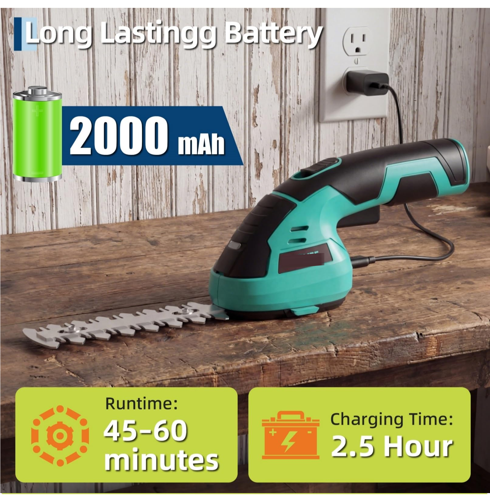 Garvee Cordless Grass Shear & Shrub Trimmer 7.2V, 2-in-1 Handheld Hedge Cutter with 2000mAh Battery, 60 Min Runtime & Type-C Charging