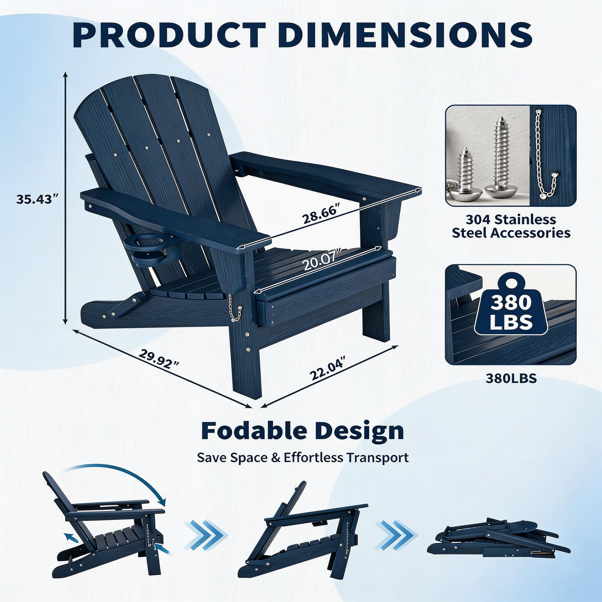 Garvee Folding Adirondack Chair HDPE Wood-Grain Cup Holder Foldable Sturdy 380lbs Navy Blue for Patios Decks Fire Pits