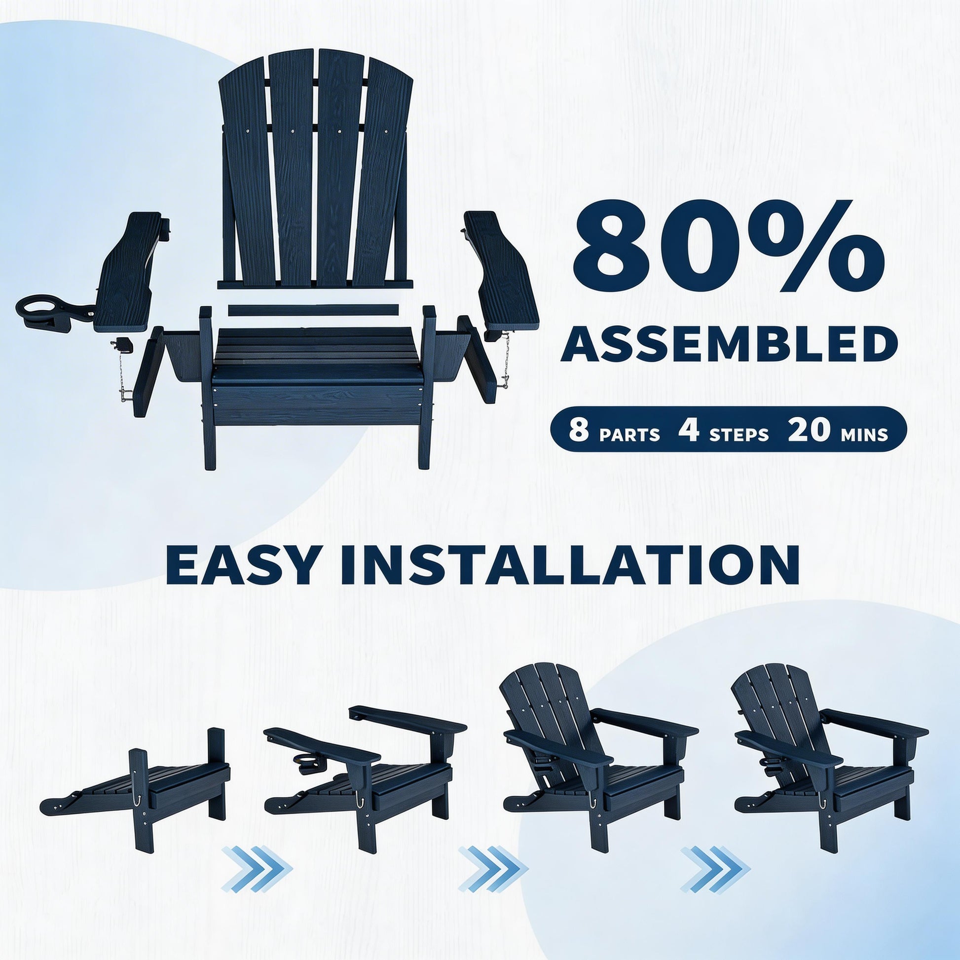 Garvee Folding Adirondack Chair HDPE Wood-Grain Cup Holder Foldable Sturdy 380lbs Navy Blue for Patios Decks Fire Pits