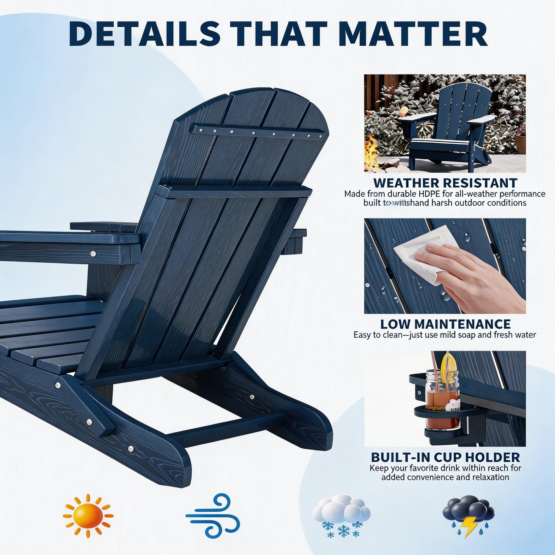 Garvee Folding Adirondack Chair HDPE Wood-Grain Cup Holder Foldable Sturdy 380lbs Navy Blue for Patios Decks Fire Pits
