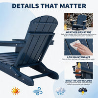 Garvee Folding Adirondack Chair HDPE Wood-Grain Cup Holder Foldable Sturdy 380lbs Navy Blue for Patios Decks Fire Pits