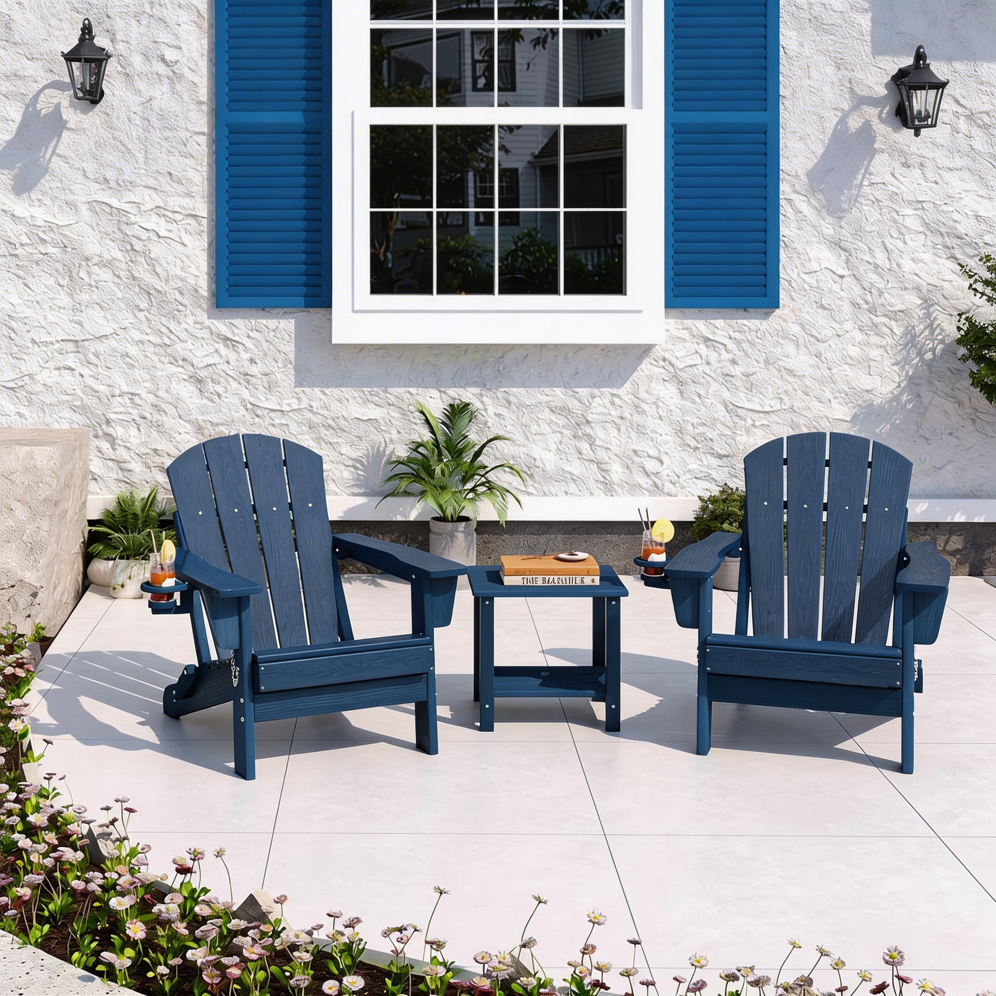 Garvee Folding Adirondack Chair HDPE Wood-Grain Cup Holder Foldable Sturdy 380lbs Navy Blue for Patios Decks Fire Pits