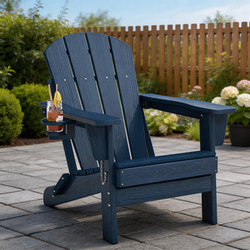 Garvee Folding Adirondack Chair HDPE Wood-Grain Cup Holder Foldable Sturdy 380lbs Navy Blue for Patios Decks Fire Pits