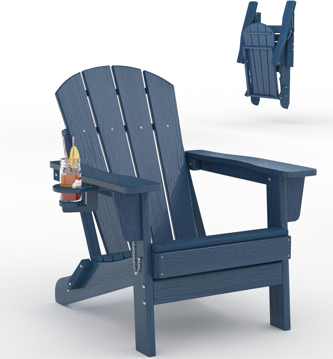 Garvee Folding Adirondack Chair HDPE Wood-Grain Cup Holder Foldable Sturdy 380lbs Navy Blue for Patios Decks Fire Pits