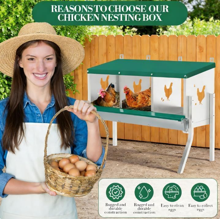 Garvee Stainless Steel Chicken Nesting Box with 3 Compartments, Roll-Away Egg Collection, Weather Resistant, Moisture Pads, Wall Mounted or Free-Standing, Outdoor Poultry Shelter