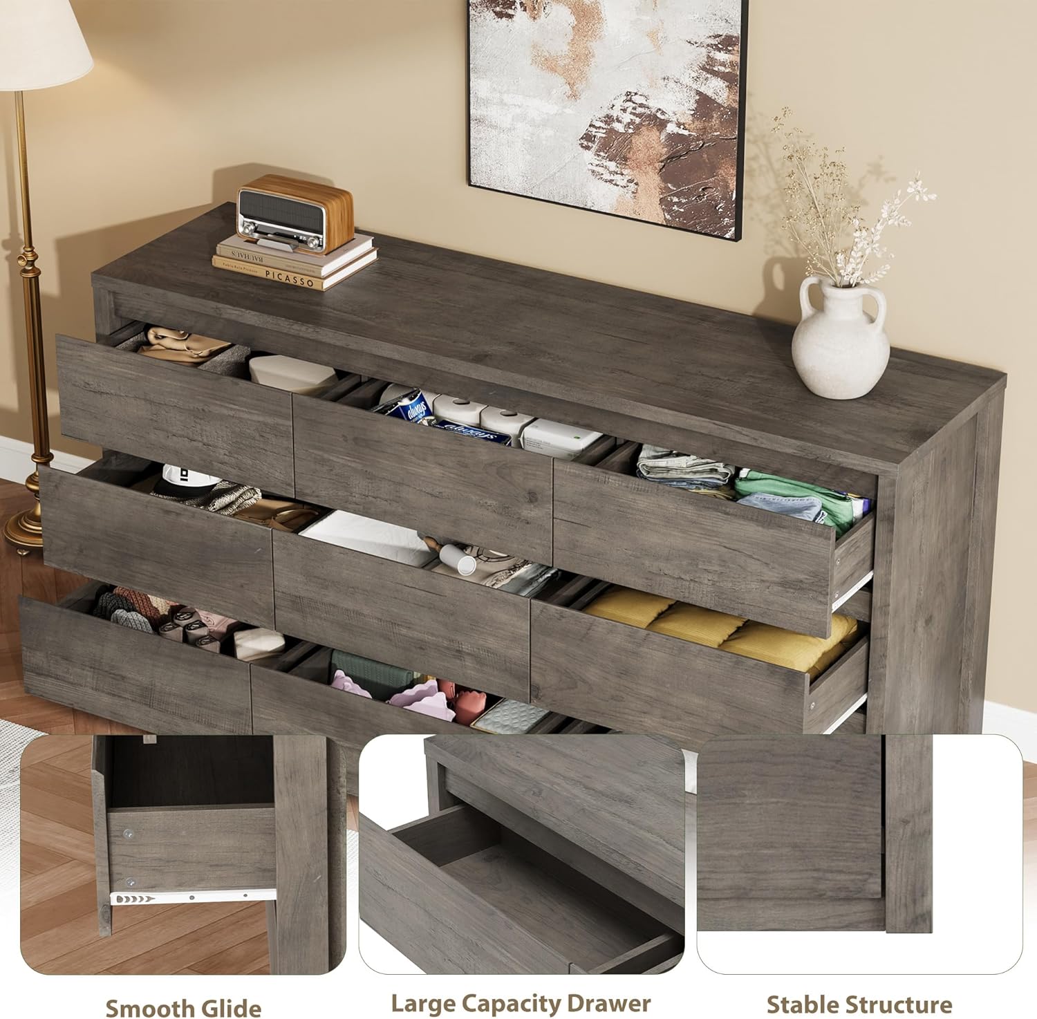 Garvee 9 Drawer Dresser for Bedroom, Wide Modern Chest of Drawers, Large Wood Dresser Wooden Storage Organizer for Living Room, Hallway Entryway, Gray