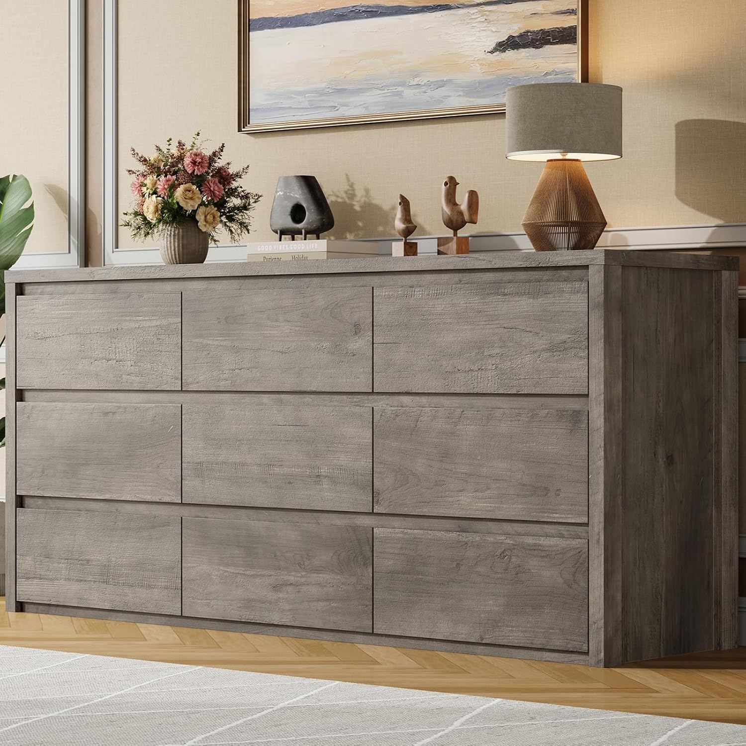 Garvee 9 Drawer Dresser for Bedroom, Wide Modern Chest of Drawers, Large Wood Dresser Wooden Storage Organizer for Living Room, Hallway Entryway, Gray