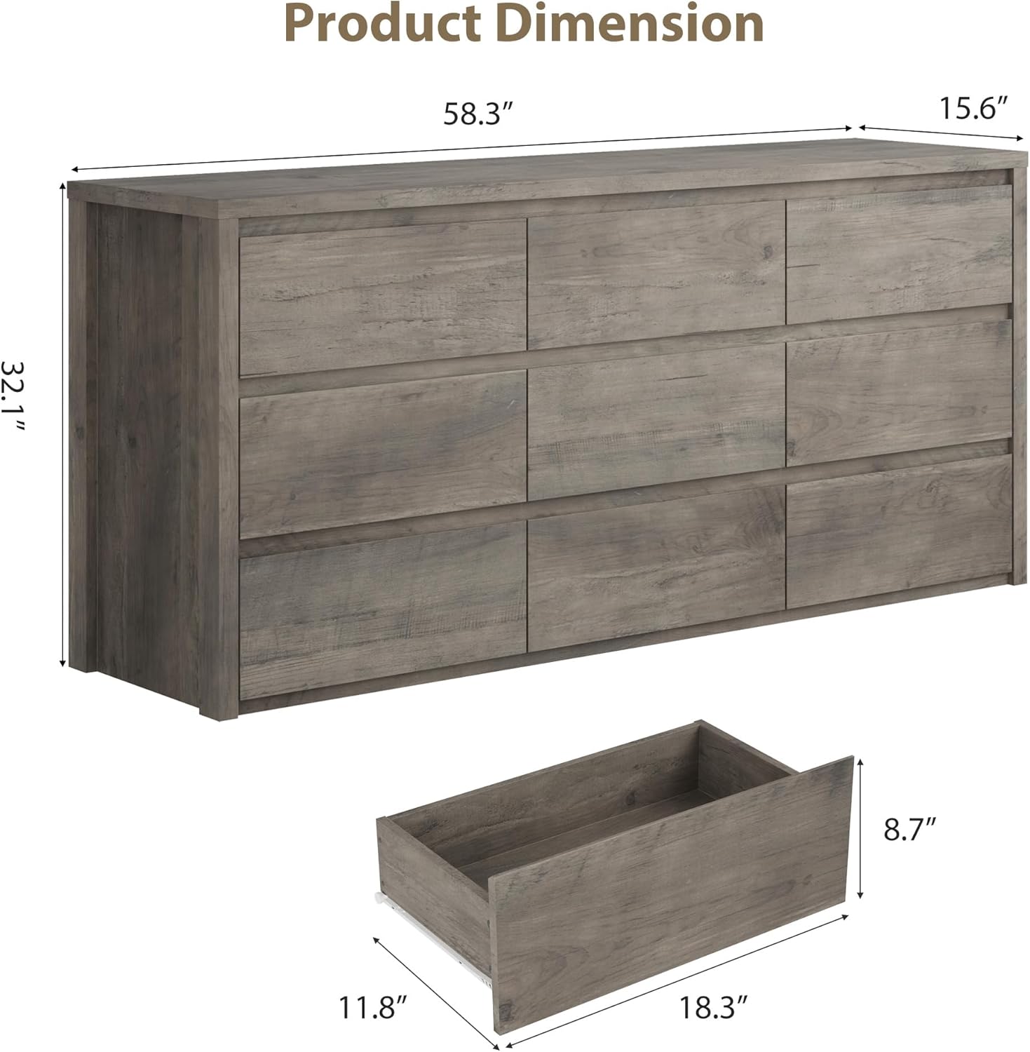 Garvee 9 Drawer Dresser for Bedroom, Wide Modern Chest of Drawers, Large Wood Dresser Wooden Storage Organizer for Living Room, Hallway Entryway, Gray