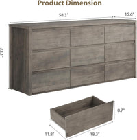Garvee 9 Drawer Dresser for Bedroom, Wide Modern Chest of Drawers, Large Wood Dresser Wooden Storage Organizer for Living Room, Hallway Entryway, Gray