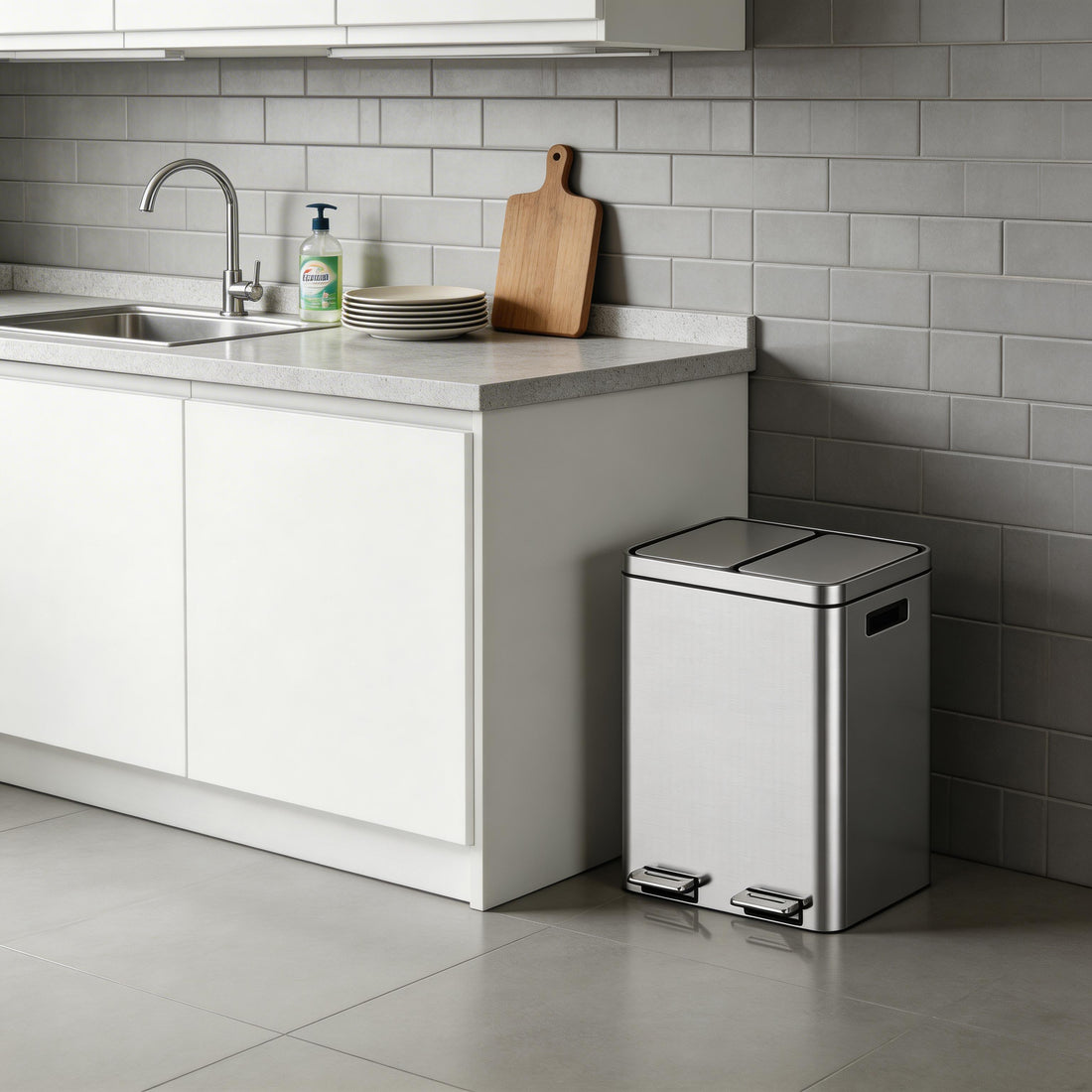 Garvee 10.6 Gallon Stainless Steel 2 Compartments Trash Can with Removable Inner Buckets and Quite-Close Lid, Silver