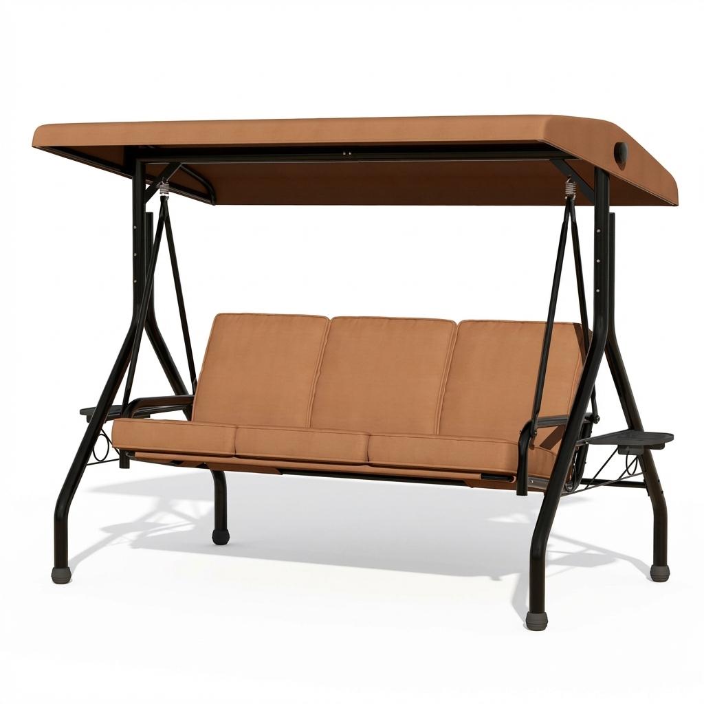 Garvee 3-Person Outdoor Patio Swing Chair with Adjustable Canopy, Thick Removable Cushions, Cup Holders, Steel Frame for Garden Backyard, Dark Brown