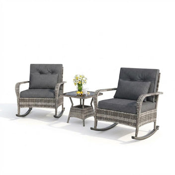 Garvee 3-Piece Rattan Patio Rocking Chair Set with Cushions, 2-Tier Glass Table for Porch, Balcony, Garden