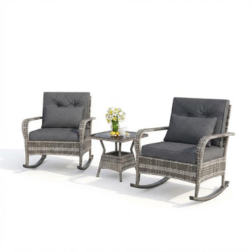 Garvee 3-Piece Rattan Patio Rocking Chair Set with Cushions, 2-Tier Glass Table for Porch, Balcony, Garden