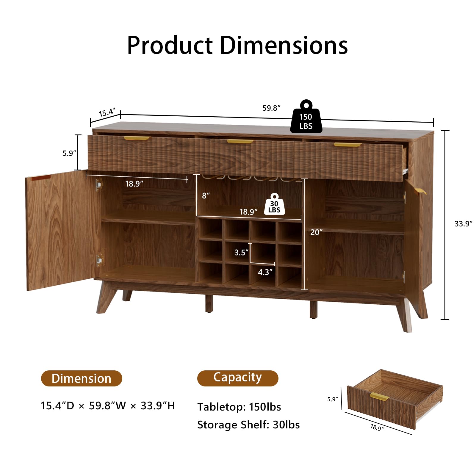 Garvee Modern 60" Fluted Wine Bar Cabinet in Wave Design with 2 Side Cabinets, 3 Drawers, 4 Glass Holders and 12 Wine Racks for Living Room, Kitchen and Entryway, Walnut