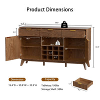 Garvee Modern 60" Fluted Wine Bar Cabinet in Wave Design with 2 Side Cabinets, 3 Drawers, 4 Glass Holders and 12 Wine Racks for Living Room, Kitchen and Entryway, Walnut