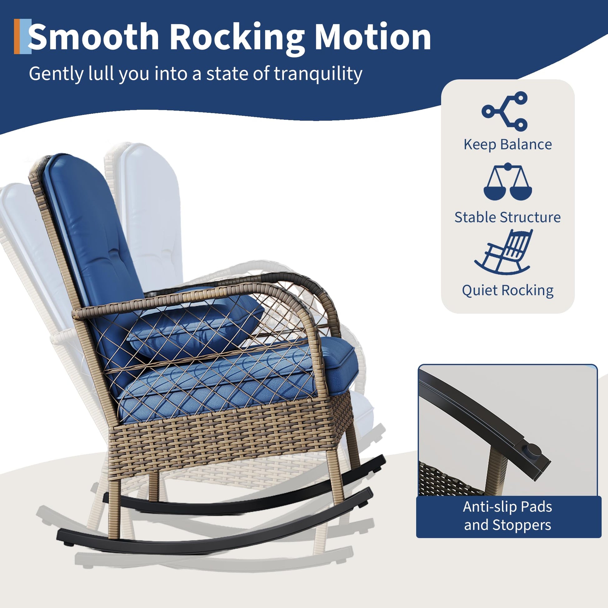 Garvee Outdoor Wicker Rocking Chair, Blue Cushioned PE Rattan Patio Rocker with Steel Frame for Porch, Garden, Backyard & Deck