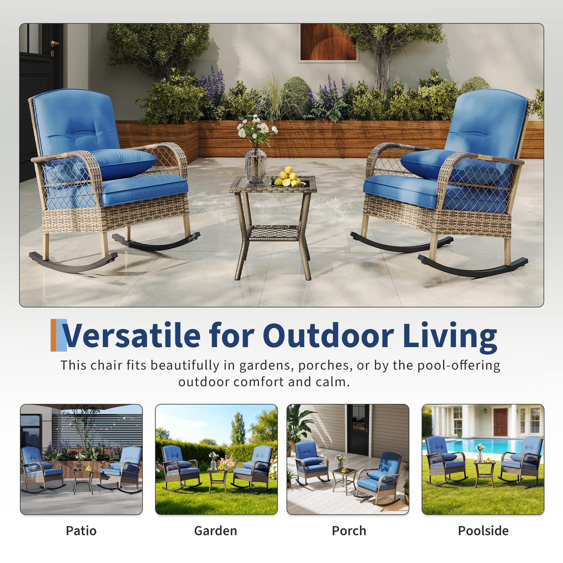 Garvee Outdoor Wicker Rocking Chair, Blue Cushioned PE Rattan Patio Rocker with Steel Frame for Porch, Garden, Backyard & Deck
