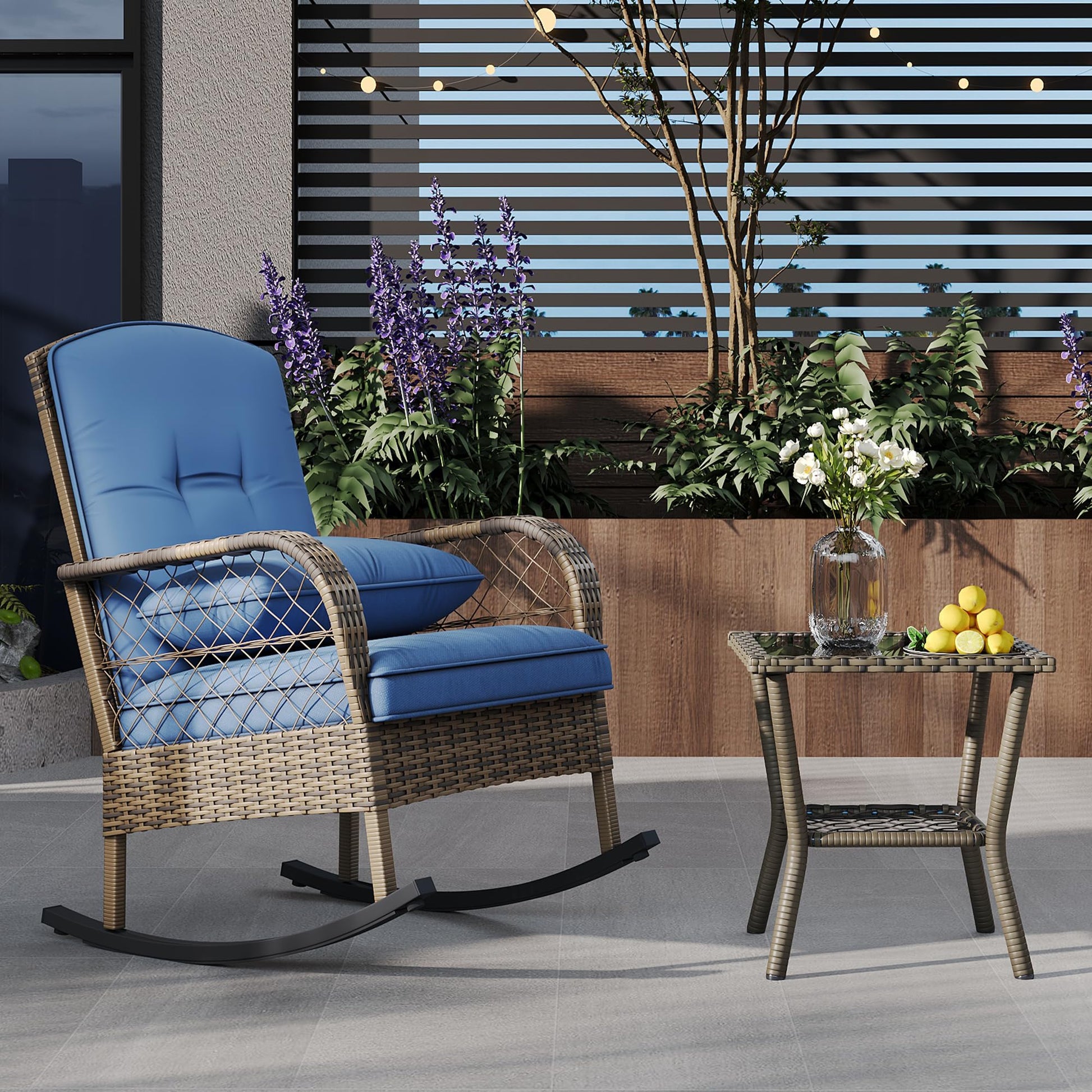Garvee Outdoor Wicker Rocking Chair, Blue Cushioned PE Rattan Patio Rocker with Steel Frame for Porch, Garden, Backyard & Deck