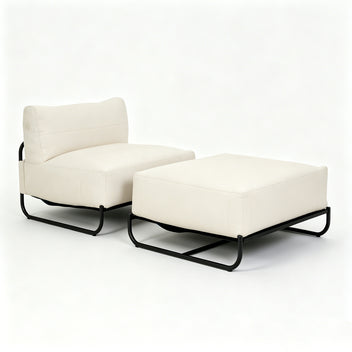 Garvee Outdoor Cloud Chaise Lounge Chair with Ottoman, Olefin Fabric Patio Lounge Sofa with Removable Off-White Cushion & Metal Frame