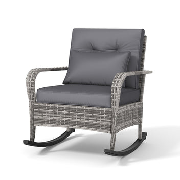 Garvee Outdoor Wicker Rocking Chair, Gray PE Rattan Patio Rocker with Cushions & Steel Frame for Porch, Garden & Balcony