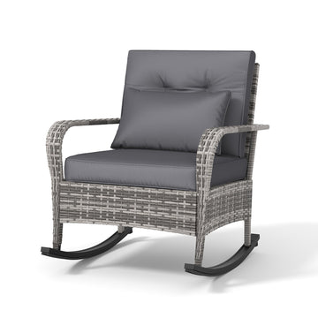 Garvee Outdoor Wicker Rocking Chair, Gray PE Rattan Patio Rocker with Cushions & Steel Frame for Porch, Garden & Balcony