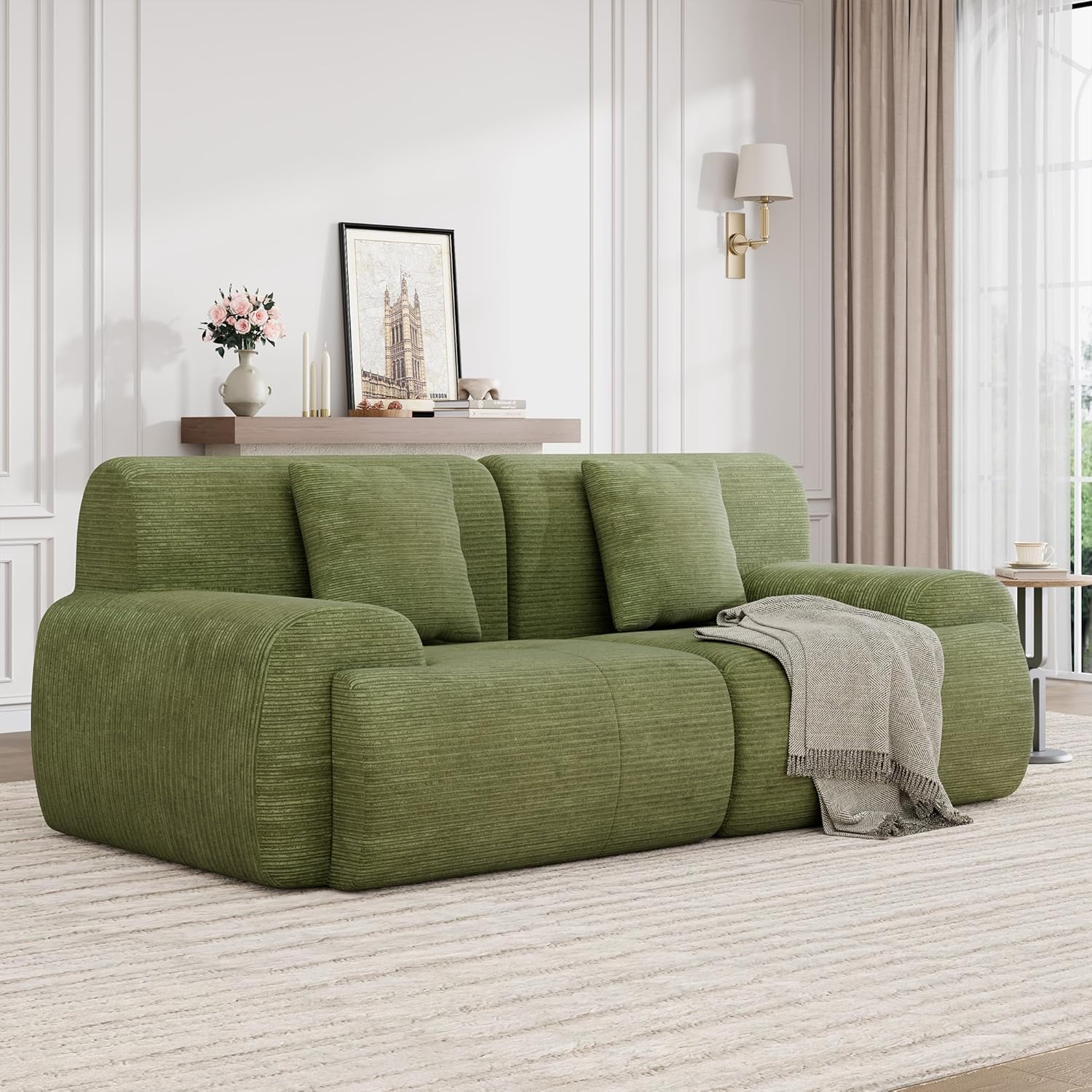 Garvee Boneless Loveseat Couch, Cloud Sofa with Corduroy  Fabric, Deep Seat Modular Couch for Living Room Bedroom, Small Space Couches for Living Room,Green